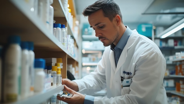 Photo pharmacist selecting medications from a shelf in a pharmacy