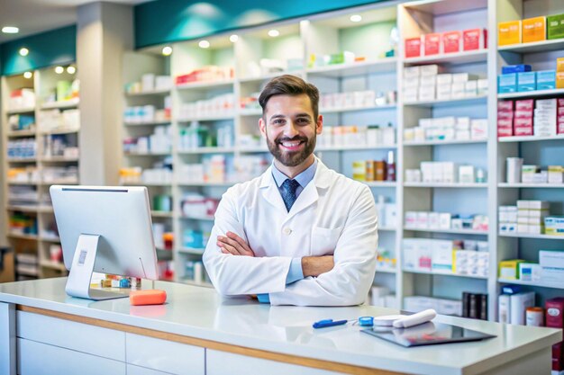 Photo a pharmacist stands at a counter in a pharmacy