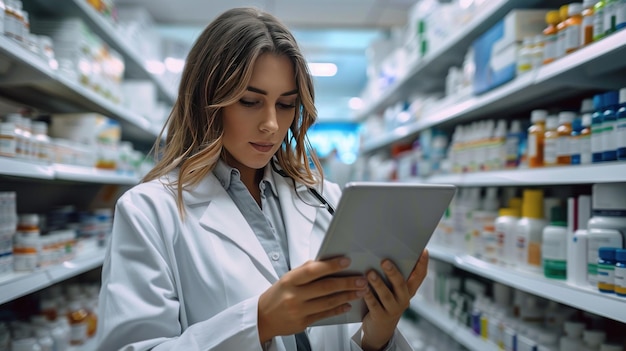 Pharmacist Using Tablet in Pharmacy