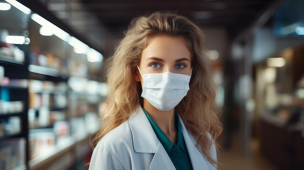 Pharmacist woman sells drugs in a pharmacy