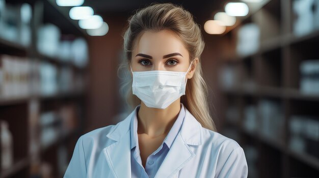 Pharmacist woman sells drugs in a pharmacy