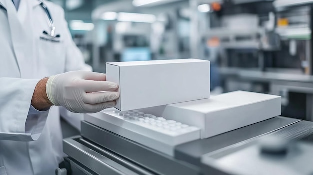 Photo pharmacists hand holding a blank medicine box symbolizing healthcare medication management and t