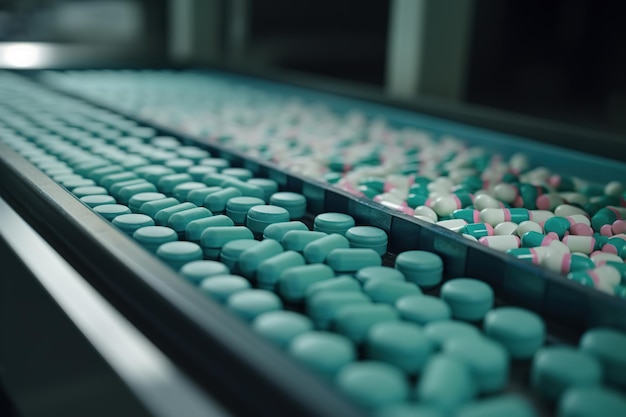 Pharmacology and medicine Closeup of pills drug capsules on factory conveyor selective focus Generative AI