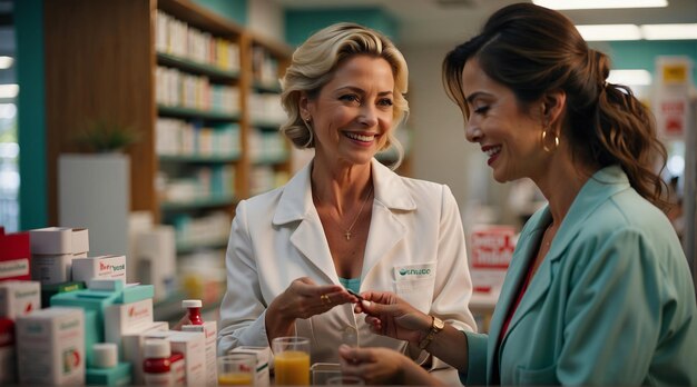 pharmacy counter Pharmacy doctor and counter woman selling overthecounter medications