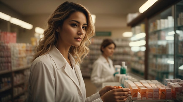 pharmacy counter Pharmacy doctor and counter woman selling overthecounter medications