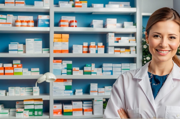 pharmacy counter Pharmacy doctor and counter woman selling overthecounter medications