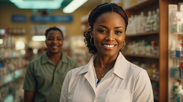 pharmacy counter Pharmacy doctor and counter woman selling overthecounter medications