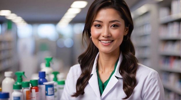 pharmacy counter Pharmacy doctor and counter woman selling overthecounter medications