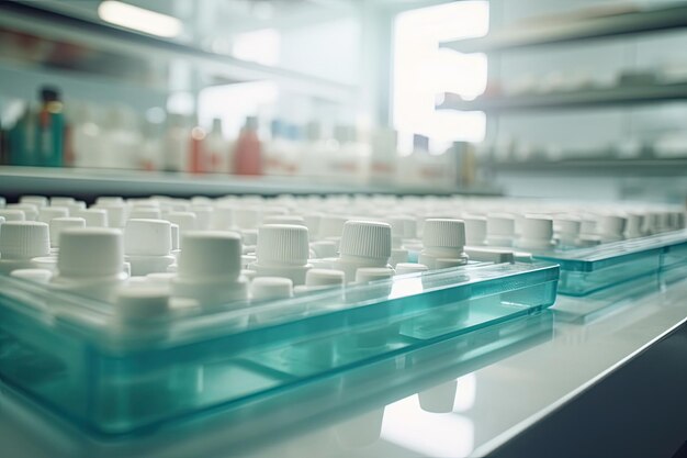 Pharmacy Drugstore blurred background medical pills and bottles on the table Health concept