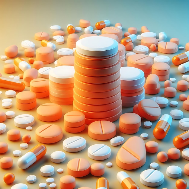 Photo pharmacy drugstore product pile of orange and white tablets pill on gradient background different