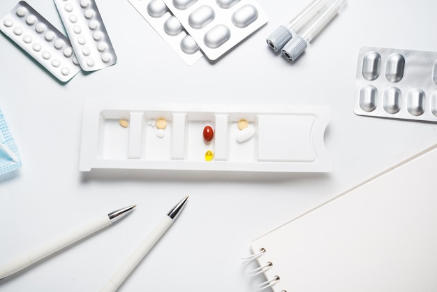 Pharmacy medication organizer on the desk