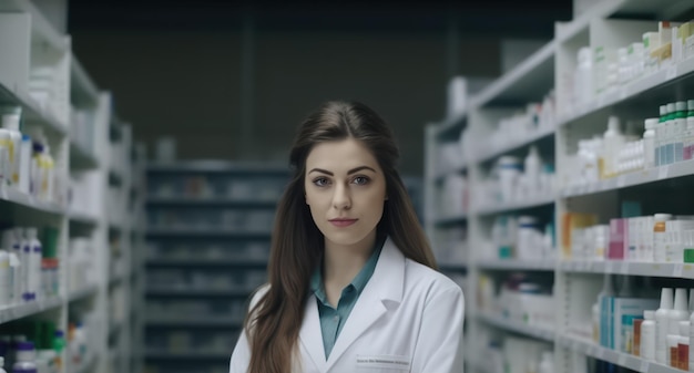 Pharmacy portrait of professional beautiful caucasian female pharmacist uses digital tablet computer