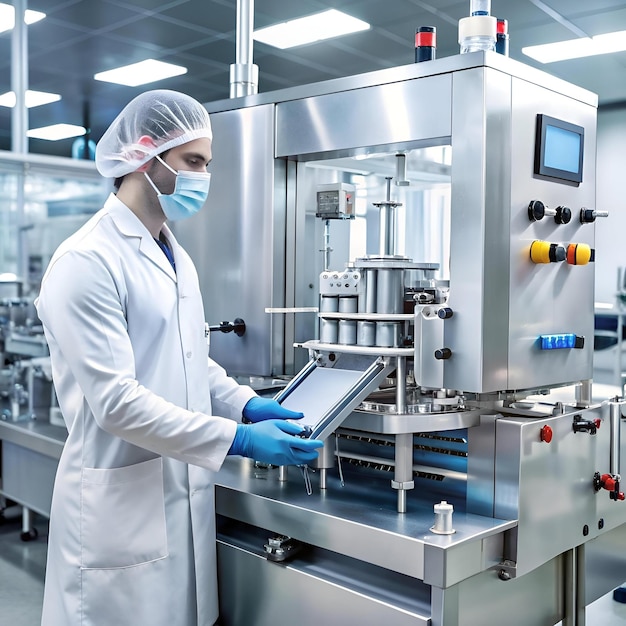 A pharmacy technician in a lab coat and face mask operates a pharmaceutical packaging machine highlighting the meticulous process of medication production