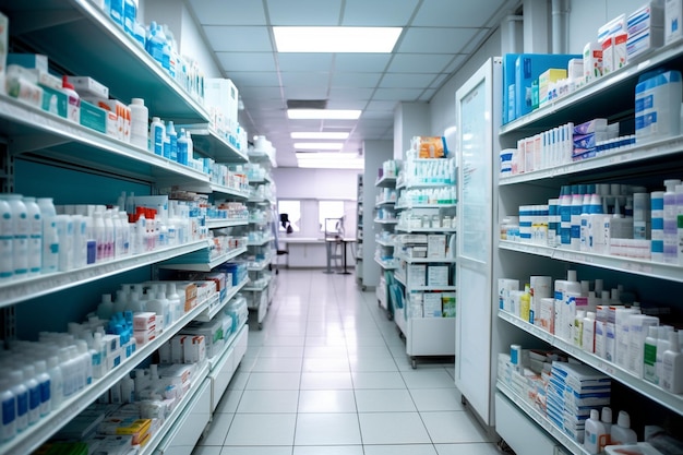 A pharmacy with rows of shelves stocked with medications medical facilities Generative AI