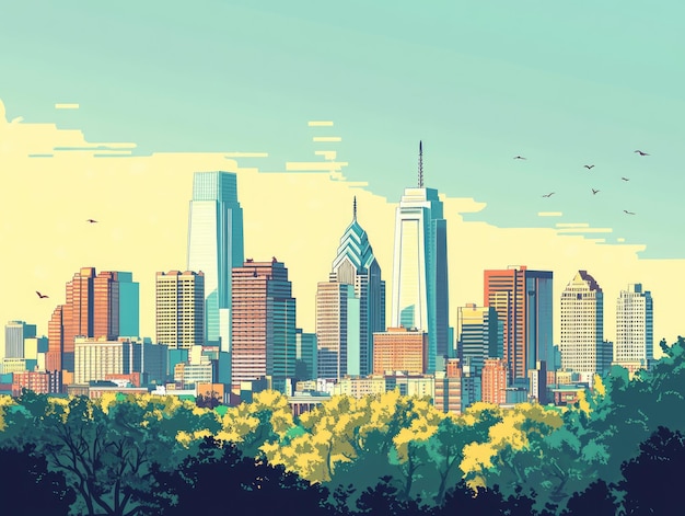 Philadelphia Illustration Skyline of Pennsylvania City Park and Business District