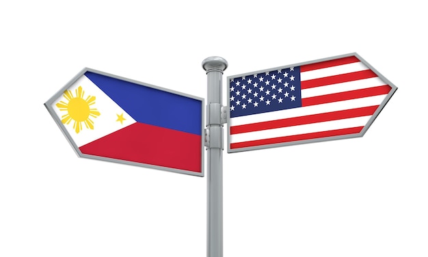 Philippines and America flag moving in different direction 3D Rendering