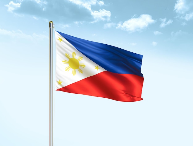 Philippines national flag waving in blue sky with clouds Philippines flag 3D illustration