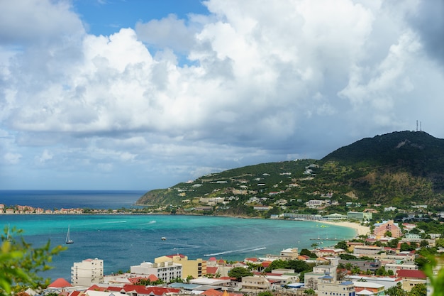 PHILIPSBURG, SINT MAARTEN - View of the port and beach from the high cliffs.