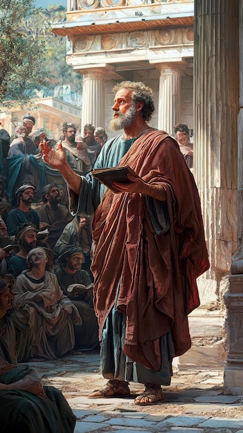 Philosopher passionately teaches in vibrant courtyard engaging attentive crowd