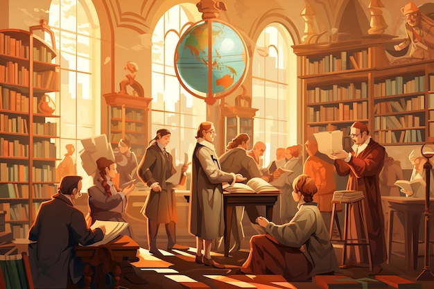 Philosophers' Debate Renaissance Library in Earthy Tones