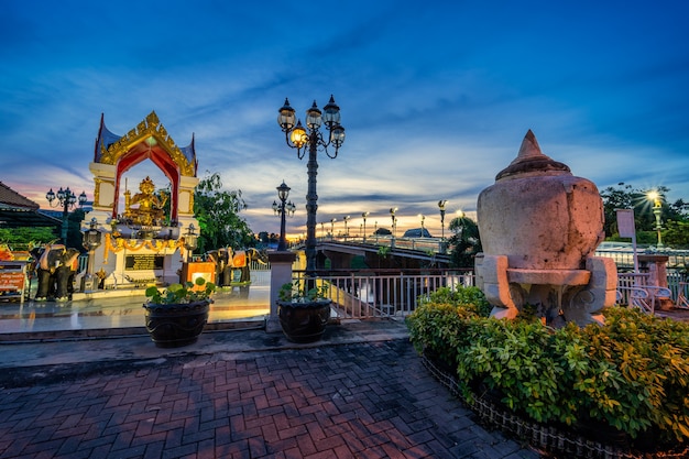 PHITSANULOK, THAILAND - September11,2020:Thao Maha Brahma or Erawan Shrine of the lights at the bridge (Eka Thot Sa Root Bridge) in Phitsanulok, Thailand.