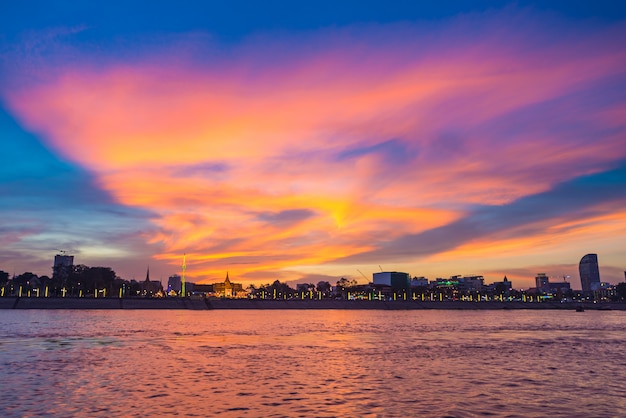 Phnom Penh skyline at sunset capital city of Cambodia kingdom