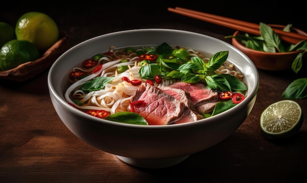 Pho Bo traditional Soup with beef rice noodles ginger lime chili pepper in bowl Close up Vietnamese and Asian cuisine generative AI