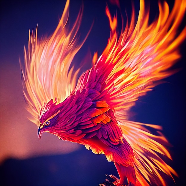 Phoenix bird on fire mythological fenix bird with flames fantasy illustration