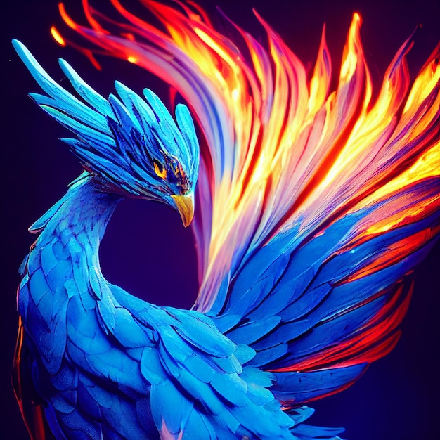 Phoenix bird on fire mythological fenix bird with flames fantasy illustration