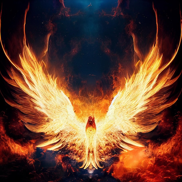 Phoenix bird on fire mythological fenix bird with flames fantasy illustration