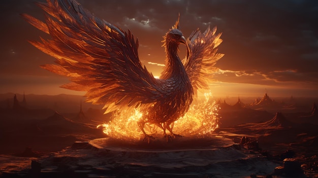 A phoenix bird is burning on a mountain.