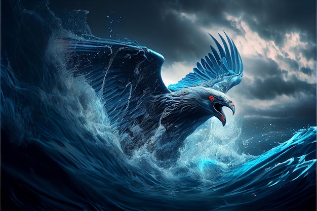 The phoenix bird rises from the raging waves of the sea Generative AI