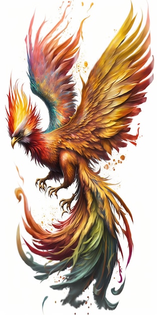 A phoenix bird with a flame on the back