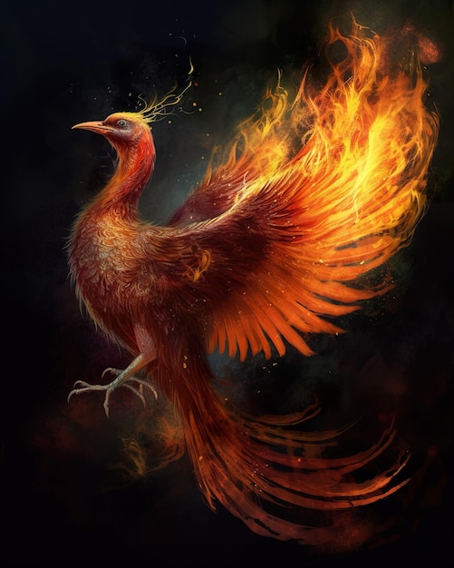 A phoenix bird with a flame on its wings