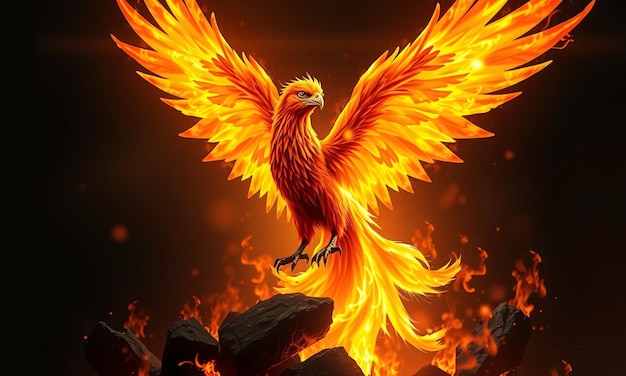 a phoenix emerging from a blaze with its wings and feathers fully engulfed in vivid