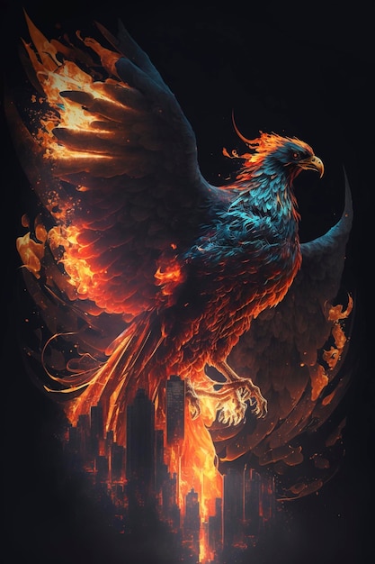 a phoenix with fiery and smoky wings on a dark background, creative ai