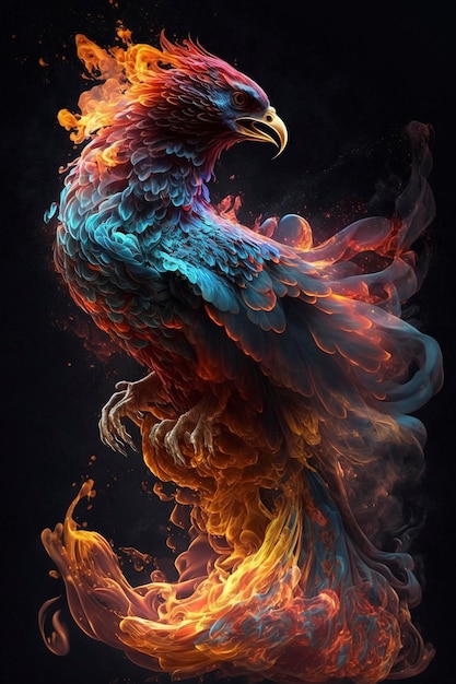 a phoenix with fiery and smoky wings on a dark background, creative ai