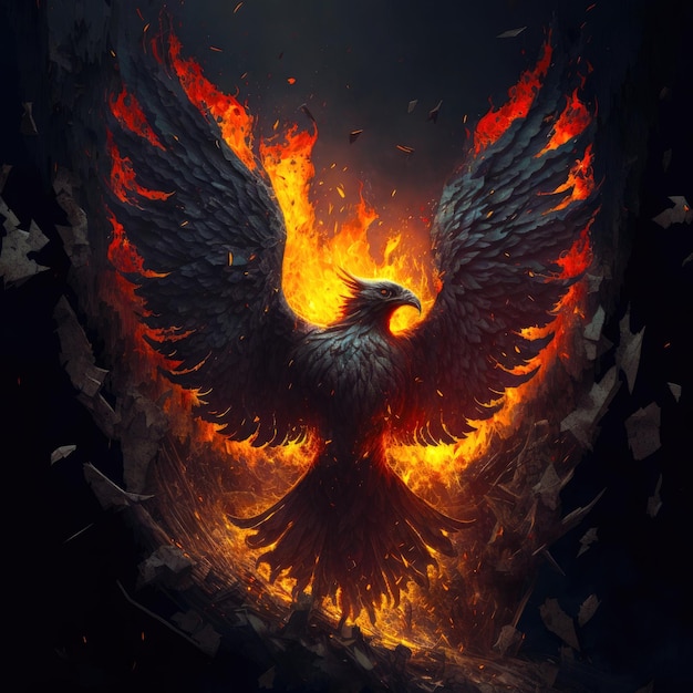 Phoenix with outstretched wings Fantastic magical illustration Digital art