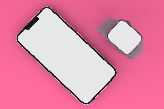 Phone 13 and Smart Watch Top Side In Pink Background