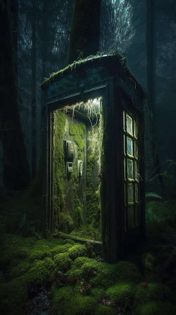 A phone booth in a dark forest with moss on the walls.