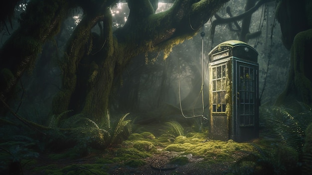 A phone booth in the forest with a light on it