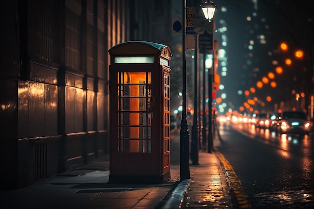 Phone booth in night city illustration Generative AI