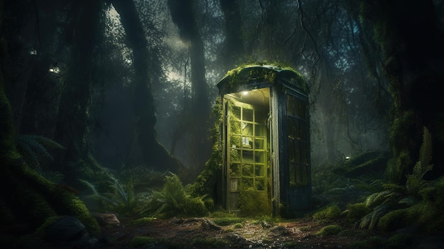 A phone booth in the woods with moss on the walls and a light on the wall.