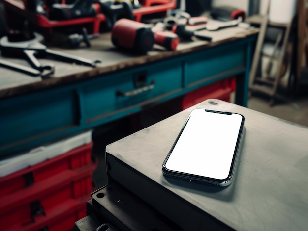 Photo a phone in a car mechanic39s workshop on a toolbox with the screen a clean white ar 43 stylize 50 v 6 job id 50654e83743d4ba4ac7b46c13b761cdd