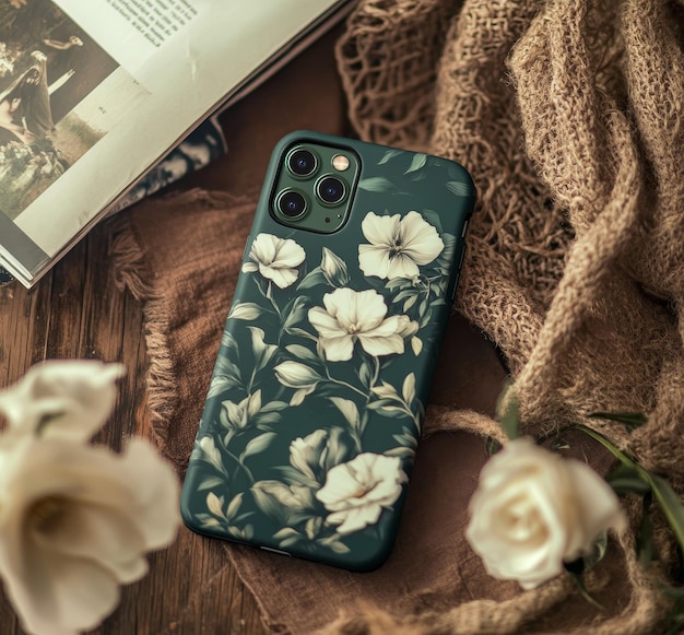 Photo a phone case with flowers on it and a book on the back