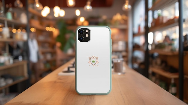 Photo phone case with a logo on a wooden table