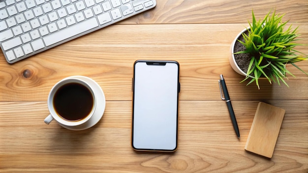 a phone and a cup of coffee sit on a wooden desk next to a cup of coffee