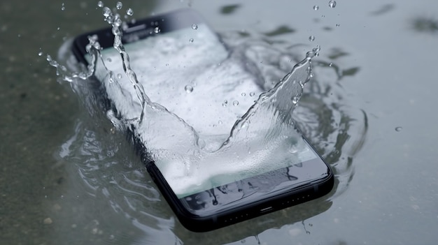 The phone fell into the water closeup