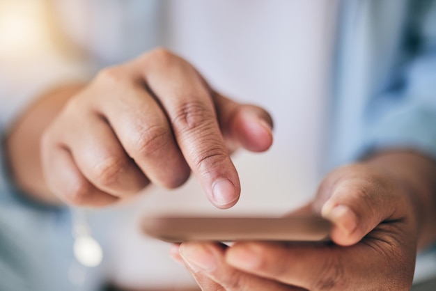 Phone finger and hands typing online for social media browse internet and scrolling website Technology networking and closeup of person on smartphone for connection chatting and mobile app