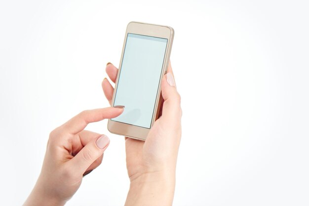 Phone in hand on white background